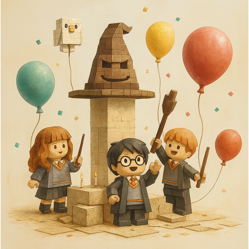 LEGO Harry Potter Kinder beim Feiern mit dem sprechenden Hut und bunten Luftballons