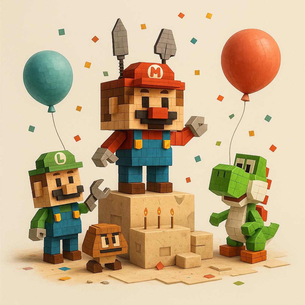 LEGO Super Mario Figuren feiern Geburtstag mit Luftballons und Konfetti
