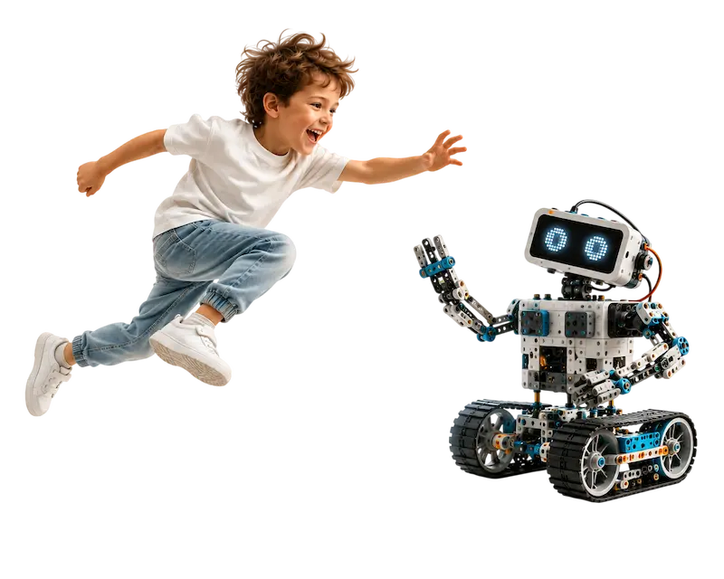 Kind springt freudig neben blauem Roboter mit Rädern und Display herum