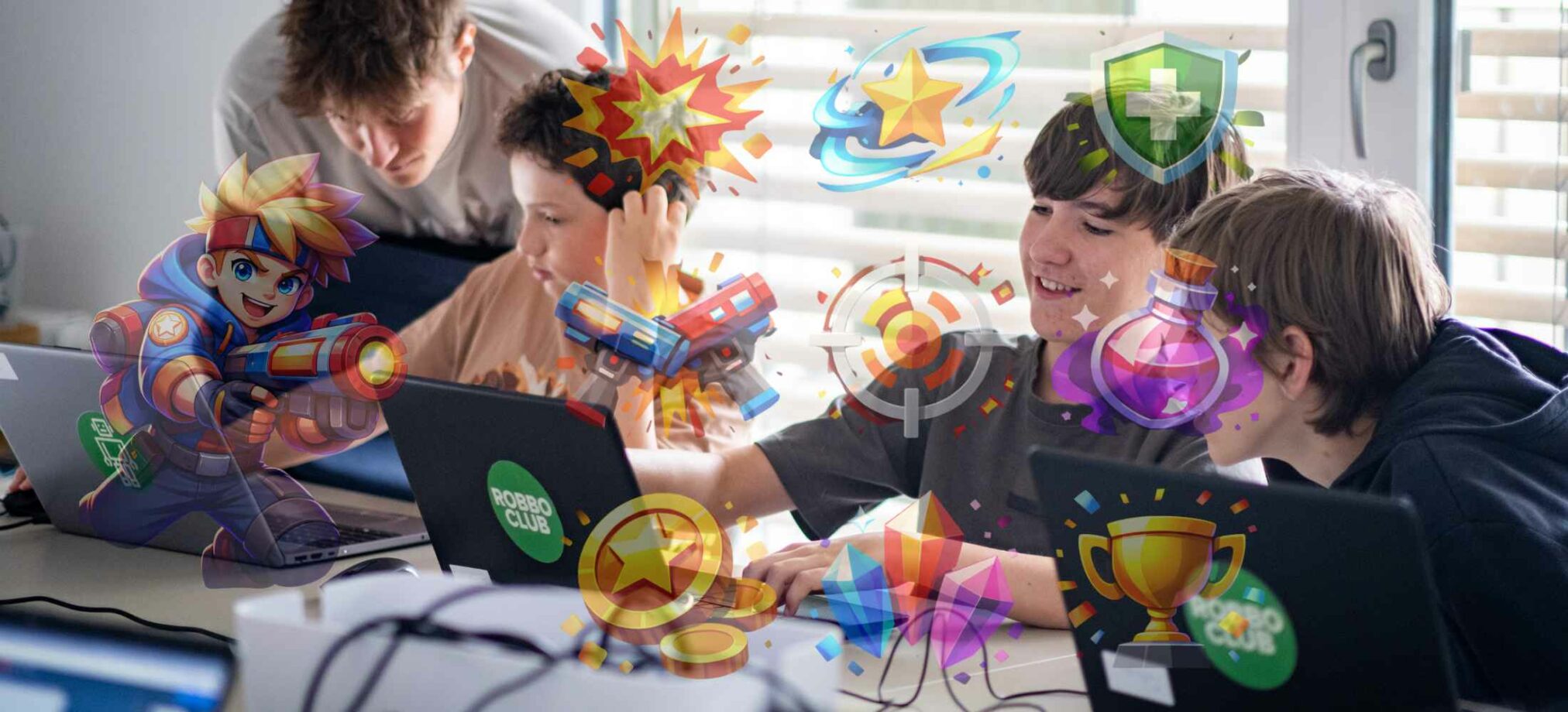Kinder entwickeln gemeinsam ein digitales Arena-Spiel und arbeiten kreativ an Spielmechaniken am Laptop