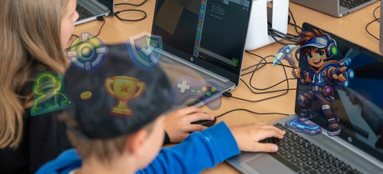Kinder entwickeln ein eigenes Arena-Game am Laptop im ROBBO Club Sommer Camp