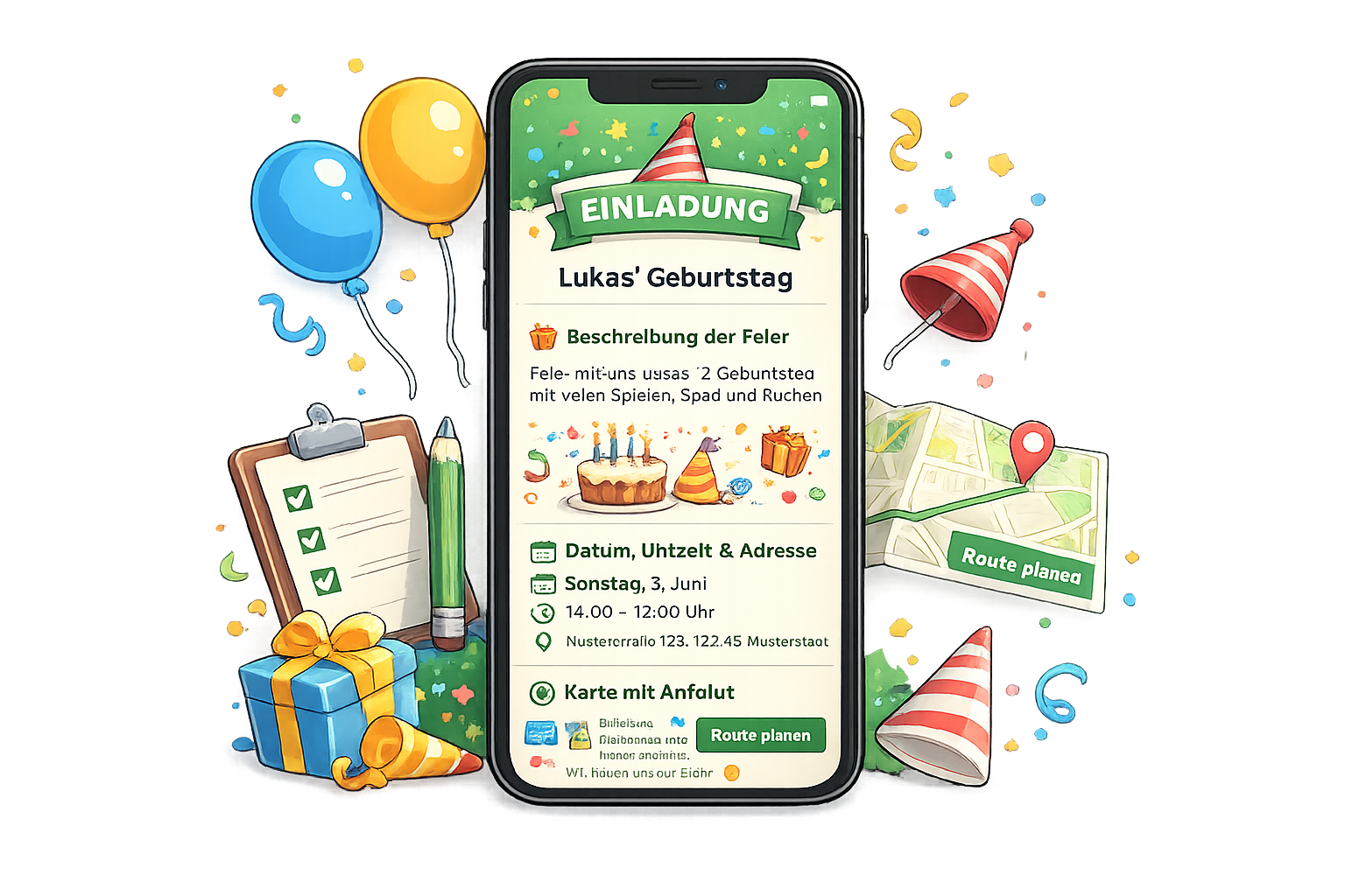 Übersichtliche Geburtstagsseite für Kinder mit allen wichtigen Informationen