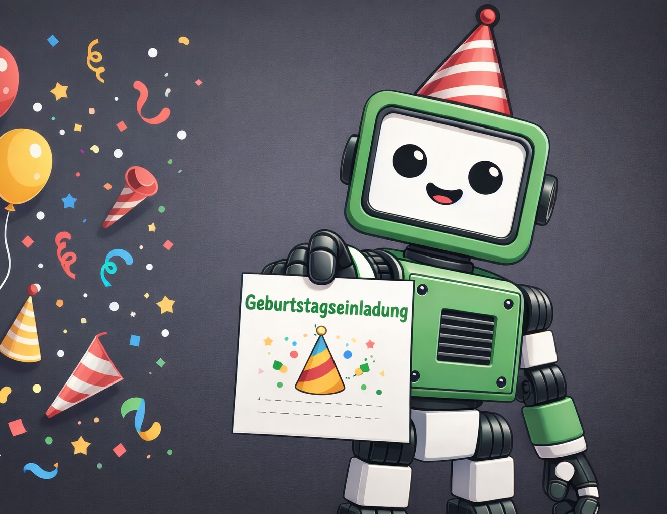 ROBBO Maskottchen mit Geburtstagseinladung