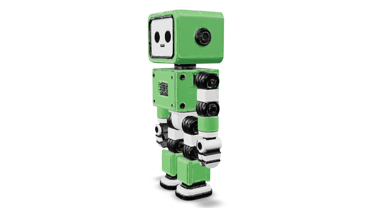 Der grüne ROBBO-Roboter als 3D-Druck-Modell zum Drehen