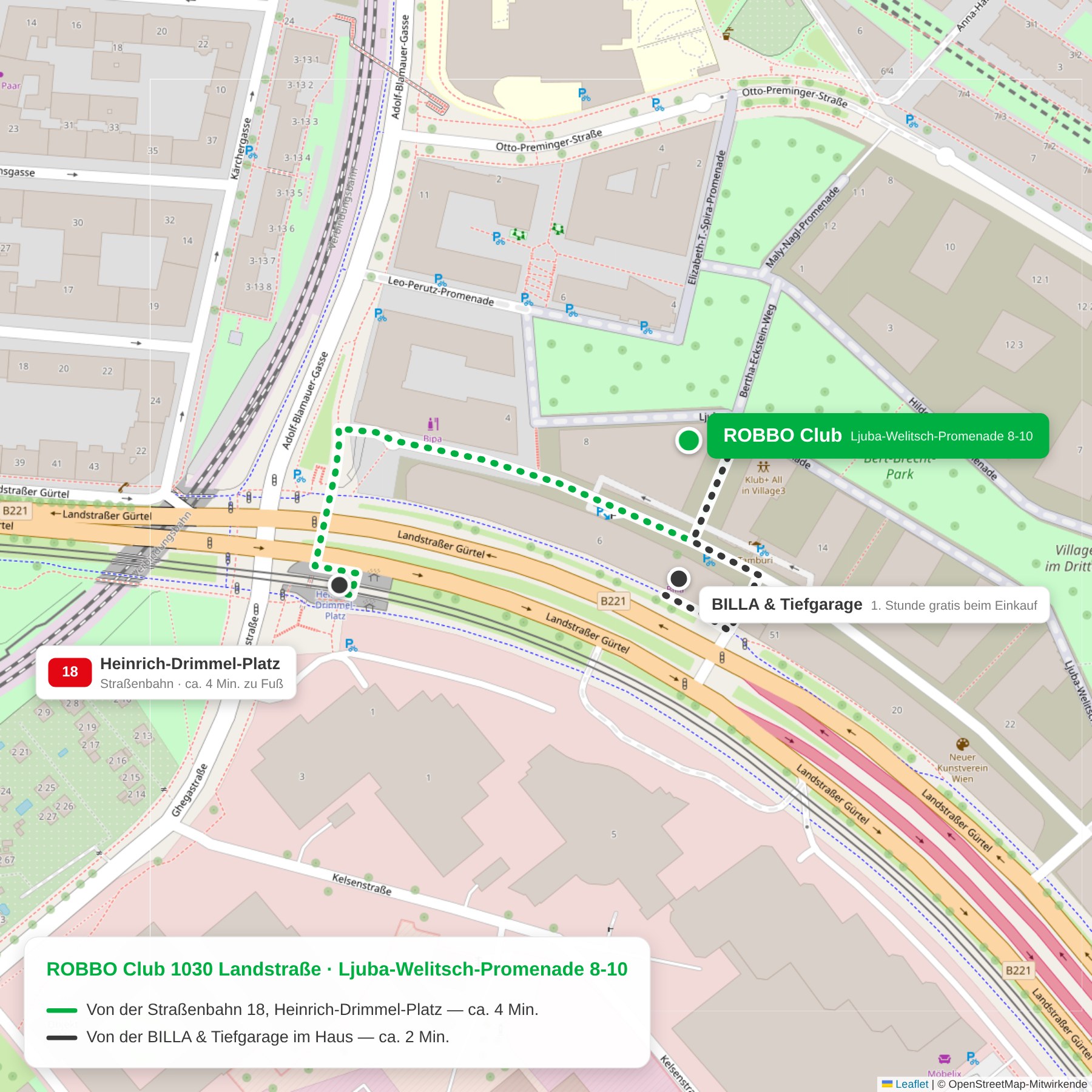Routenkarte zum ROBBO Club 1030: Fußweg von der Straßenbahn 18 Heinrich-Drimmel-Platz und von der BILLA mit Tiefgarage zur Ljuba-Welitsch-Promenade 8-10